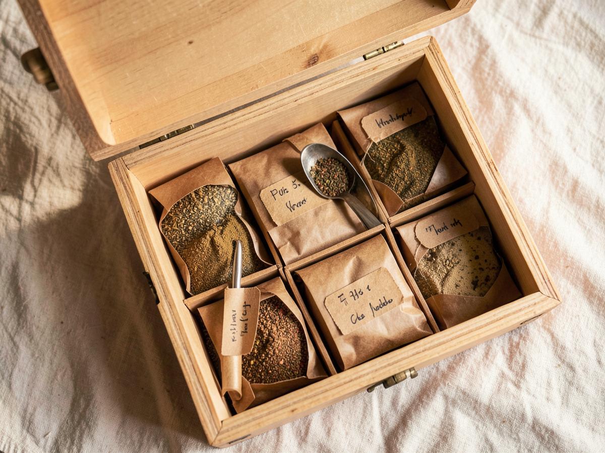 Houten kruidendoos met kraftzakjes verse kruiden